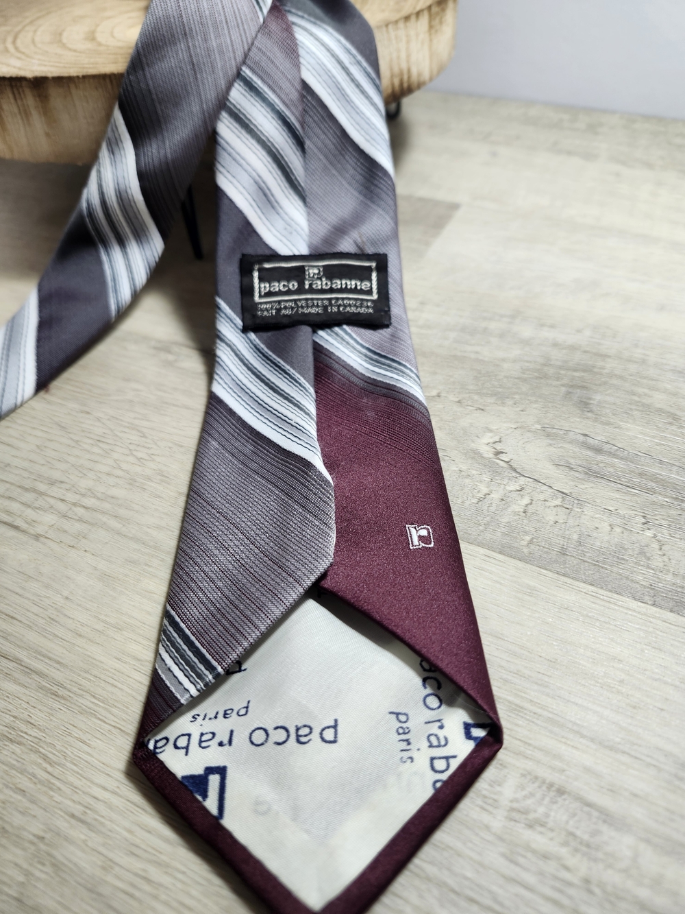 Paco Rabanne Men's Striped Polyester Tie in Burgundy and Gray Tones